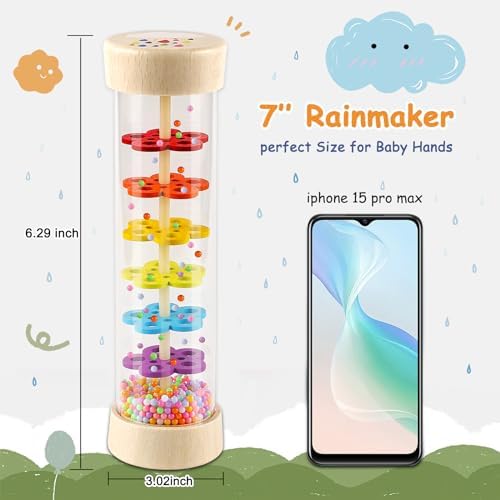 LOOIKOOS Rainmaker - 7 inch Wooden Rain Stick Montessori Toys for Babies 6-12 Months,Baby Rattle Shaker Sensory Developmental Toy,Raindrops Musical Instrument Baby Musical Toys for Baby 6 7 8 9 - Image 2