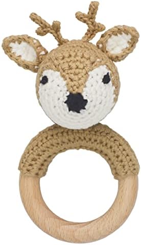 Joliecraft Woodland Friends Baby Rattle Shaker Toy with Wooden Teething Ring in White and Tan Deer by Joliecraft