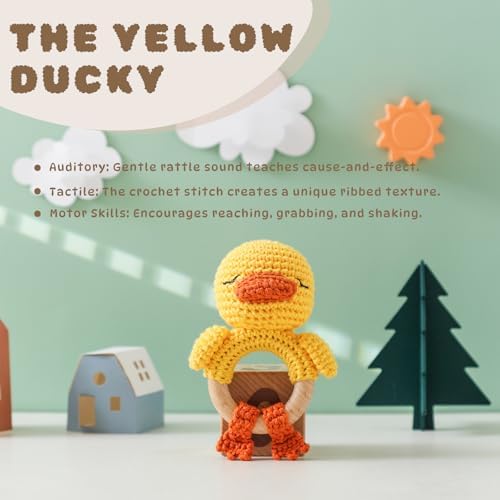 Moyii Handmade Crochet Baby Rattle Toy, 100% Organic Cotton Amigurumi Animal with Natural Beech Wood Teether Ring, Soft Sensory Newborn Toy, Montessori Nursery Gift for Boys & Girls - Image 2