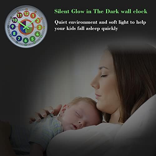 Learning Clock for kids, Glow in The Dark Wall Clock for Bedroom, 12 Inch Silent Night Light Kids Wall Clock, Colorful Illuminated Telling Time Teaching Clock,Kids Room Decor (Illuminated Gray) - Image 2