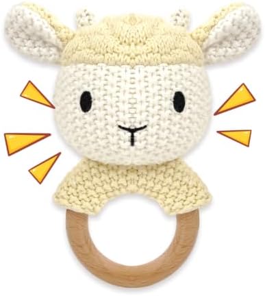 Sheep Baby Rattle for Newborn Plush Rings Crochet Lamb Teether Toy Baby Shower Wood Handle Textured Sensory Grip Fine Motor Skills Teething Toy Cute Farm Animal Plush Stuffed Stuffer Photo Prop by JUSTQUNSEEN