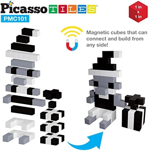 PicassoTiles 101pc Magnetic Puzzle Cube Set Black and White 1 Inch Construction Blocks STEM Educational Toy for Kids Age 3 Plus Sensory Learning Kit with Idea Book for Building and Creativity PMC101 - Image 5