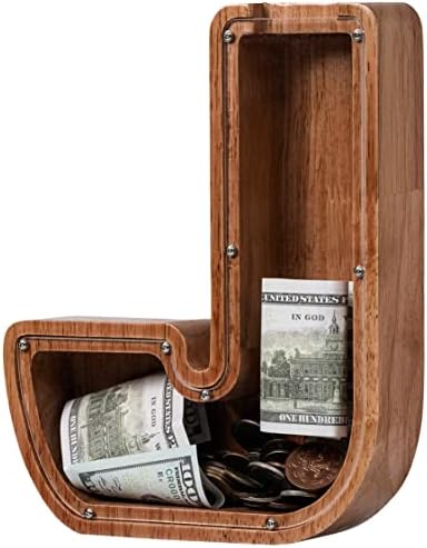 Piggy Bank for Kids Boys Girls, Wooden Large Letter Piggy Bank Alphabet Money Bank with Initial J, Coin Bank Fun Gifts for Birthday, Christmas, Festival, Baby Shower by Ladenk