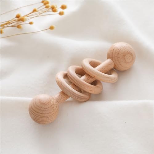 Chriswell Wooden Baby Rattle, Newborn Wooden Rattle Toy, Natural Wooden Montessori Baby Grip 3 Ring Toy, Baby Gift Toy, Wood Rattle-1 - Image 3