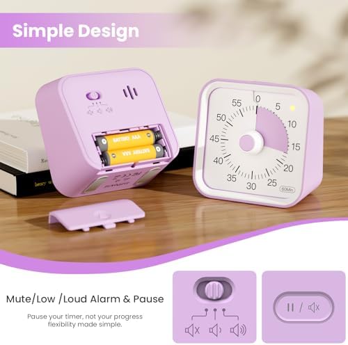 Visual Timer for Kids, Cute Timer with Pause Function, Purple - Image 4