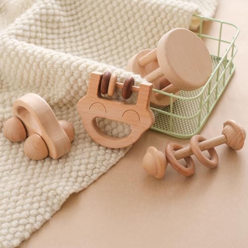 Wooden Baby Rattle Set, Newborn Wooden Rattle Toy, Natural Wooden Montessori Baby Grip Toy, Baby Gift Toy, Wood Rattle Set-4 - Image 5