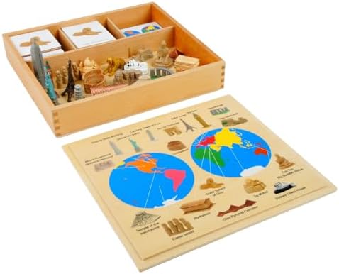 ancona World Landmarks and Continents Geography Learning Set, English/Simplified Chinese with Pinyin Bilingual, Montessori Preschool Memory Matching Game Box by ancona