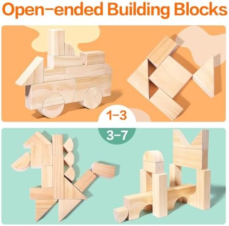 Large Wood Building Blocks with Wooden Storage Tray, 64-Piece Hardwood Sorting & Stacking Toys for Building & Balancing, Educational Preschool Learning Toys for 3+ Year Old Boy and Girl Gifts - Image 3