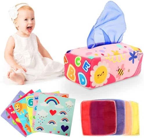 Baby Tissue Box - Montessori Toys for 6-12 Months, 1 Year Old - Soft Stuffed High Contrast Crinkle Infant Sensory Toy, Boys&Girls Toddler Early Learning Baby Gifts by YOGINGO