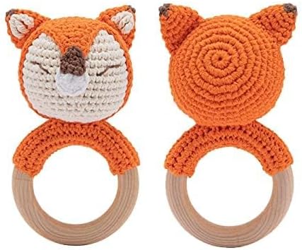 Wooden Baby Rattle Crochet Fox Baby Toys Handmade Newborn Toy Early Development Grips Stuffed Animal Organic Rattle - Image 3