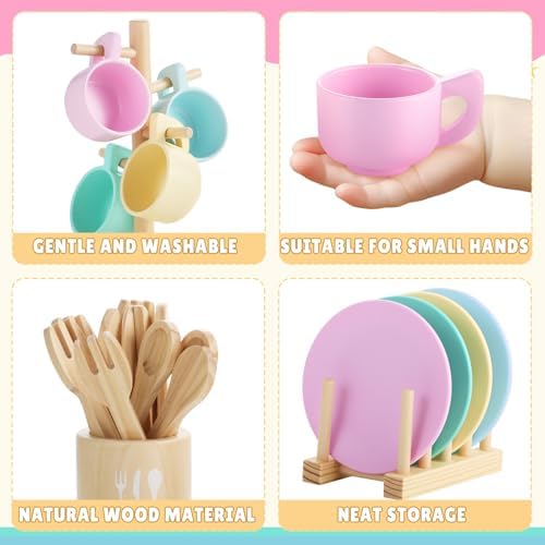 GAGAKU Kids Wooden Play Dishes Set -27Pcs Montessori Play Kitchen Accessories Plates and Bowls Set, Storage Stand & Play Food, Pretend Cooking Toys for Ages 3-5, Educational Gift for Toddler - Image 3