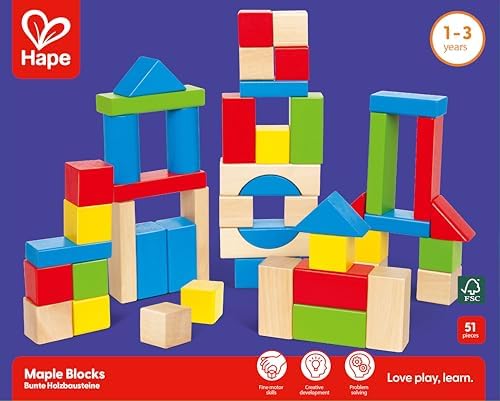 Hape Maple Wood Kids Building Blocks Stacking Wooden Block Educational Toy Set for Toddlers, 50 Brightly Colored Pieces in Assorted Shapes and Sizes - Image 5