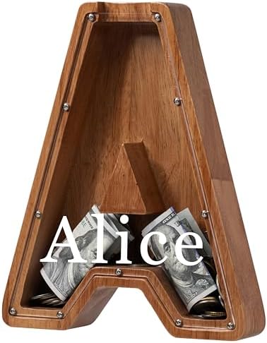 Personalized Large Wooden Kids Letter Piggy Bank - (Laser Engraved) Custom Piggy Bank for Boys Girls - Wooden Banks with Initials - Alphabet Money Box Bank Birthday Letter A Bank by Ladenk