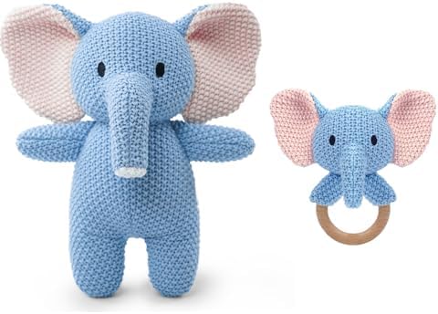 10" Crochet Elephant Stuffed Animal with Rattle, Pure Cotton Soft Crochet Doll Plush Toy for Newborn, Handmade First Birthday Gift by Okegztoa