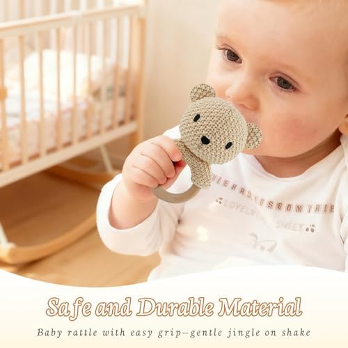 10" Crochet Bear Stuffed Animal with Rattle, Pure Cotton Soft Crochet Doll Plush Toy for Newborn, Handmade First Birthday Gift - Image 6
