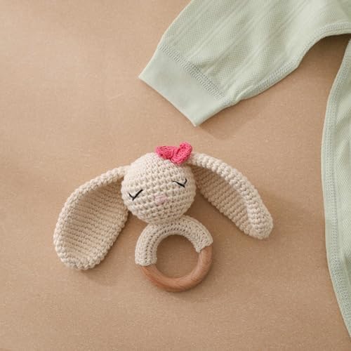 Natural Hand-Knit Wooden Baby Rattle - Soft Animal Shaped Sensory Toy for Newborns, Infants | Safe Beechwood & Crochet Texture | Perfect Baby Shower Gift - Image 5