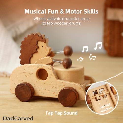 Hedgehog Pull Toy | Montessori Wooden Pull-Along Walking Toy with Wooden Grip Ring | Natural Drumming Sound for Kid Toddlers - Image 2