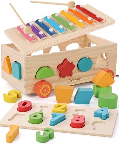 Shape Sorter - Wooden Xylophone and Montessori Number Puzzle Set for Babies - Educational Sorting Game with Storage Car for Toddlers by Jessruly