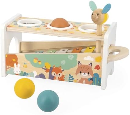 Janod Pure Tap Pastel Wooden Xylophone Pounding Bench with Cherry Wood Balls & Bee Shaped Hammer for Ages 12+ Months (J05155) - Image 2