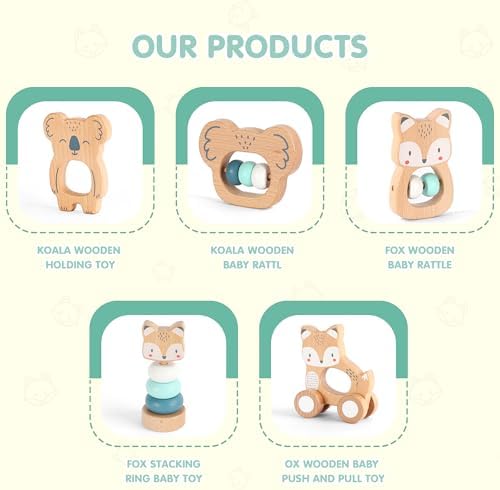FReniland Wooden Montessori Toys, 5-Piece Wooden Baby Toy, Koala Baby Rattle, Fox Stacking Ring, Little Fox Push and Pull Toys,Koala Holding Toy,Newborn Baby Gift Sets for Boys and Girls - Image 6