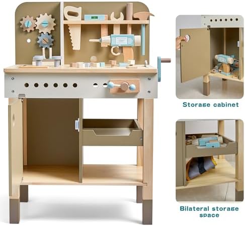 Kids Tool Set,Wooden Tools Bench with Apron Toddler Toy Workbench with Realistic Tools Electric Drill STEM Construction Toy Gifts for Age 3-9 Boys Girls - Image 5