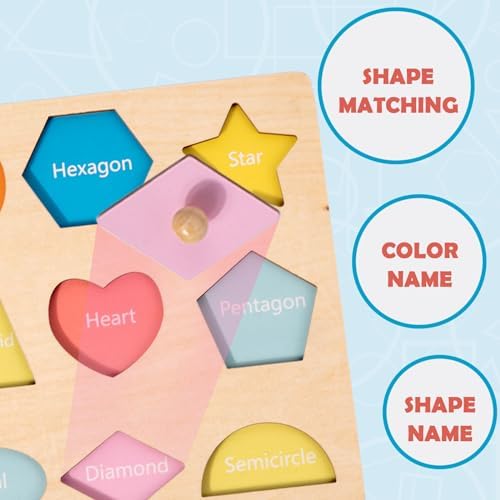 Montessori Toy for Babies 12-18 Months Wooden Shape Puzzles for Toddlers 1-3,Shape Peg Puzzles,Baby Puzzle 12-18-24 Months with Knob,Color & Shape Sorter for Toddlers(12 Geometric Shapes) - Image 3