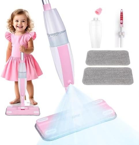 Kids Spray Mop,Fun & Functional Toddler Cleaning Set,Real Working Mop for Floors,Pretend Play – Includes Spray Bottle, 2 Washable Microfiber Pads, Montessori Kids Cleaning Toy Set -Pink by Lullulii