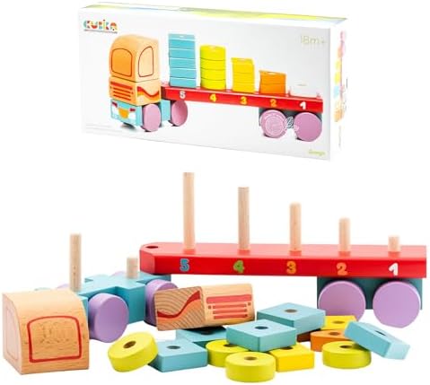 CUBIKA Wooden Geometric Shapes Truck– Montessori Toy for Toddlers Ages 3+– Shape Sorter and Stacking Truck Building Toy– FSC-Certified Wood, German Water-Based Paints, Travel-Friendly by Cubika