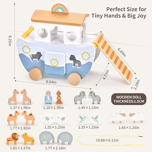 Wooden Noah's Ark Pull Along Toy with Bible Story Cloth Book - Montessori Sorting Set for Toddlers - Religious Baptism Gift for Boys & Girls -Christian Preschool Learning Toy for Kids - Image 6