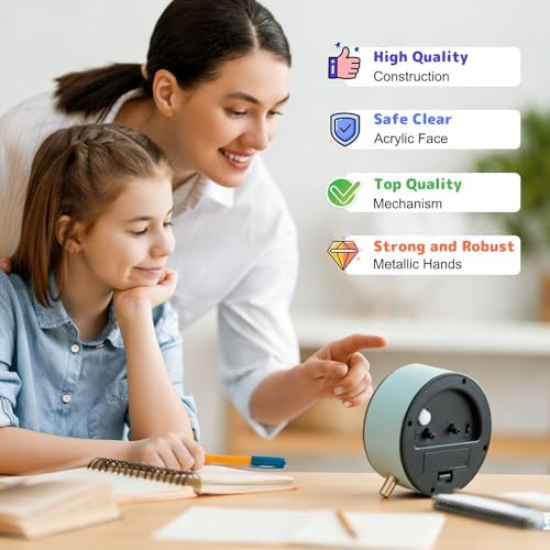 Kids Alarm Clock, Silent Non-Ticking, Analog Learning Clock for School Beginners, Stylish Round Metal Clock, Battery Operated, Loud Ringing Kids Back to School Gifts - Image 3