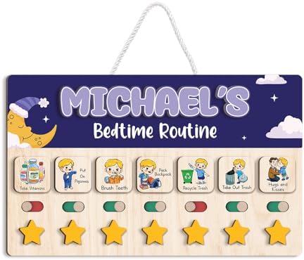 Wooden Chore Chart for Boys, Daily Routine Chart for Kids, Visual Schedule, Chore Reward Chart, Bedtime Morning Routine Chart for Toddlers (06) by LilaLand