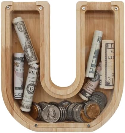 Wooden Letter Piggy Bank for Kids Boys Girls, A-Z Letters Wood Coin Bank Money Box, Piggy Bank for Toddler Family Christmas Birthday Gift(U) by FINDAMAZE