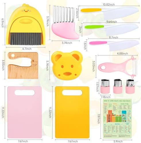 Suhctuptx Kids Knife Set for Real Cooking, Kids Kitchen Knives with Cutting Board Crinkle Cutters Cleaning Tools, Toddler Kitchen Toys Christmas Birthday Gifts for Girls Boy Age 2-10 - Image 2