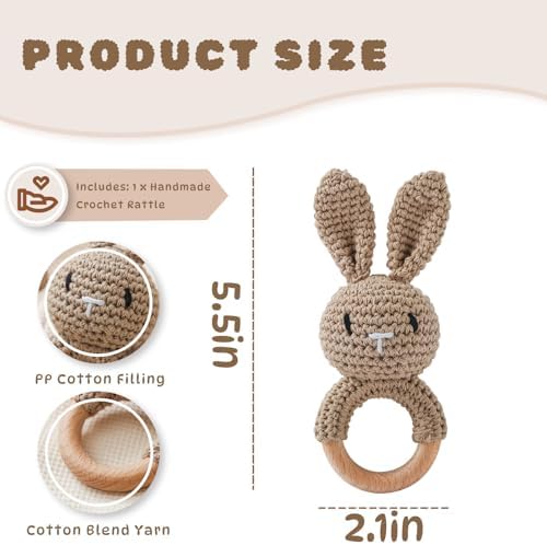 Moyii Natural Wooden Baby Rattle - Organic Crochet Bunny Teether Ring - Montessori Sensory Grasping Toy for Infants 0-12 Months, BPA-Free Handmade Newborn Shower Gift - Image 3
