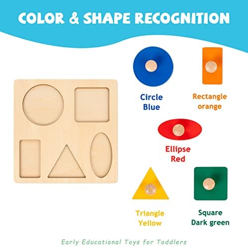 Montessori Toys for Babies 6-12 Months Wooden Shape Puzzles for Toddlers 1-3,Jumbo Knob Baby Puzzles for Easy Grasp,Color & Shape Sorter - Montessori Puzzle Preschool Learning Toys(5 Geometric Shape) - Image 2