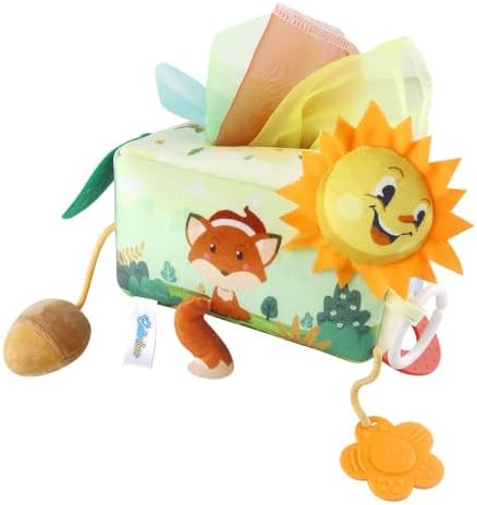 Caterbee Baby Tissue Box Toy with Hanging Hook, Sensory Pull Out Fabric Tissues, Rattle & Teether, Montessori Hanging Toy for Stroller, Car Seat & Crib,Montessori Sensory Toy for Infants (Forest) by caterbee