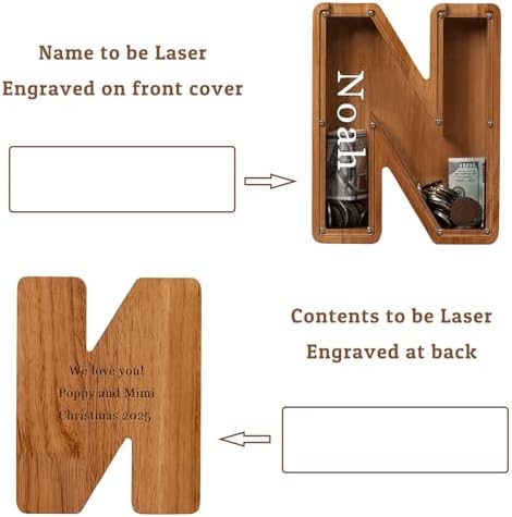 Personalized Large Wooden Kids Letter Piggy Bank - (Laser Engraved) Custom Piggy Bank for Boys Girls - Wooden Banks with Initials - Alphabet Money Box Bank Birthday Letter N Bank - Image 2
