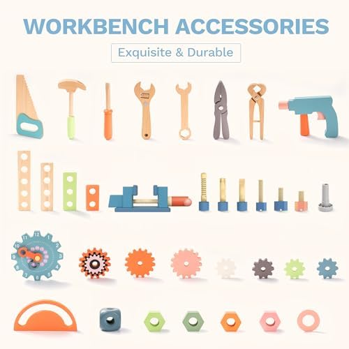 ROBUD Wooden Play Tool Workbench Set for Kids, Construction Toy Bench - Image 2