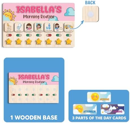 Personalized Wooden Chore Chart for Kids, Daily Routine Chart for Toddlers, Visual Schedule for Kids Age 3-5, Morning Bedtime Routine for Girls (01) - Image 3
