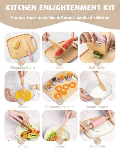 Wooden Kids Cooking Set Montessori Kit - Real Toddler Kitchen Tools & Baking Utensils - 30PCS Cooking Kit for Kids with Storage Bag, Great Gift for Pretend Play & Montessori Learning (Pink) - Image 3