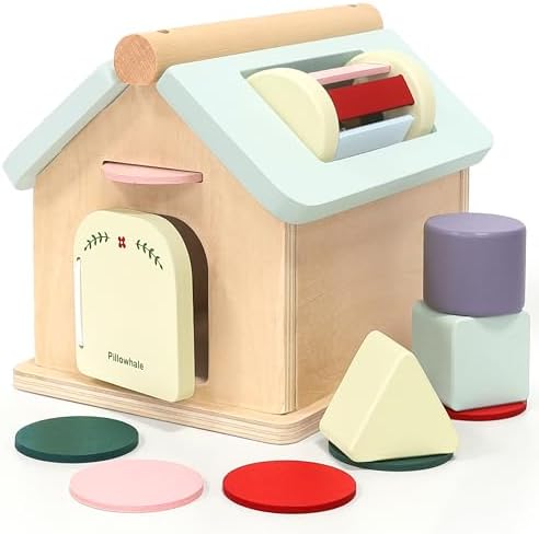 Pillowhale Montessori Activity Cube for Toddlers 12 Months+, Wooden 5-in-1 Learning Toy with Object Permanence Box, Shape Sorting & Stacking, Fine Motor Skills Toy for Baby Boys Girls by Pillowhaletoys
