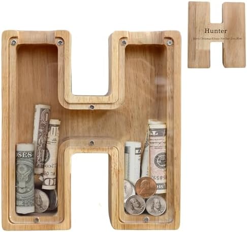Wooden Letter Piggy Bank for Kids Boys Girls,Personalized Piggy Bank (Laser Engraving),A-Z Letters Coin Bank Money Box Customized Name, for Family Christmas Birthday Gift (H) by FINDAMAZE