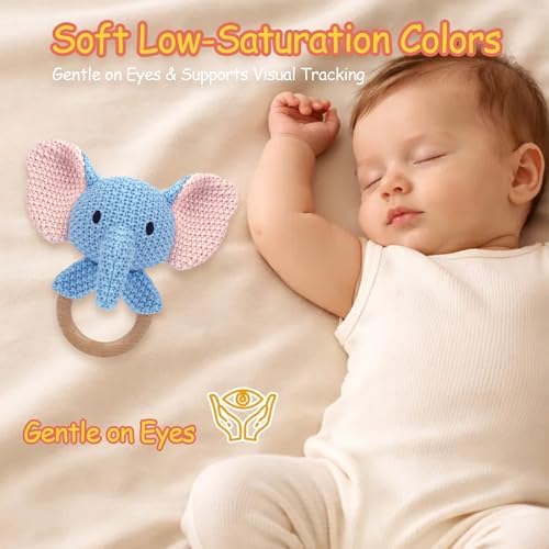 Elephant Baby Rattle Teething Ring Hand Knitted CrochetCute Jungle Animal Sensory Toy for Baby Boys Girls 0-3 Months Plush Stuffed Texture Montessori Grasping Shaker Stroller Travel Gift - Image 5