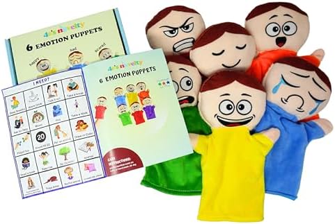 4E's Novelty Feeling Hand Puppets for Kids with 6 Emotions, with Moveable Arms, Soft Plush Hand Puppets for Toddlers, Early Education Toys, Social Emotional Learning Activities - Pack of 6 - Image 2