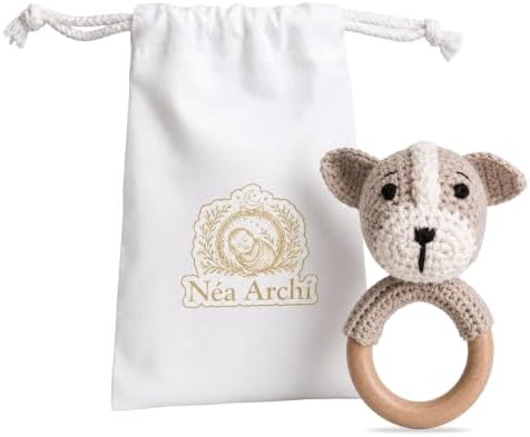 Néa Archí Crochet Baby Rattle, Organic Cotton & Beech Wood, Dog by Unknown