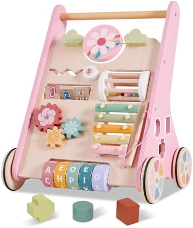 Wooden Baby Walker and Activity Center for Toddler Girl 10-12 Months, Pink by Takeeyce