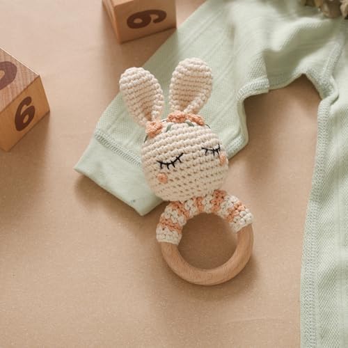 Natural Hand-Knit Wooden Baby Rattle - Soft Animal Shaped Sensory Toy for Newborns, Infants | Safe Beechwood & Crochet Texture | Perfect Baby Shower Gift - Image 4