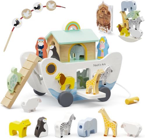 Wooden Noah's Ark Toy for Baby Boy and Girl Gift - Pull Along Toddler Montessori Educational Toy with Animal Shape Sorter Stacker for 18m+ Christmas Birthday Preschool Baptism Gift by Unknown