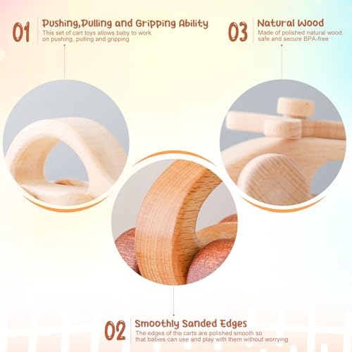 Wooden Baby Car and Airplane Toys,Wood Push Car for Toddler Montessori Baby Grip Toy Car,Gifts for Boys and Girls,Push and Pull Toy Car 3 Pieces - Image 3