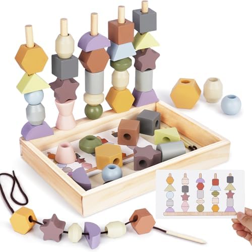 Montessori Toys for 3 Year Old - Wooden Lacing Beads & Stacking Blocks Toys for 3 4 5 Year Old Girl Boy Easter Birthday Gifts, Preschool Learning Activities With Beads Sequencing Set for Kids Age 3+ by Vanplay